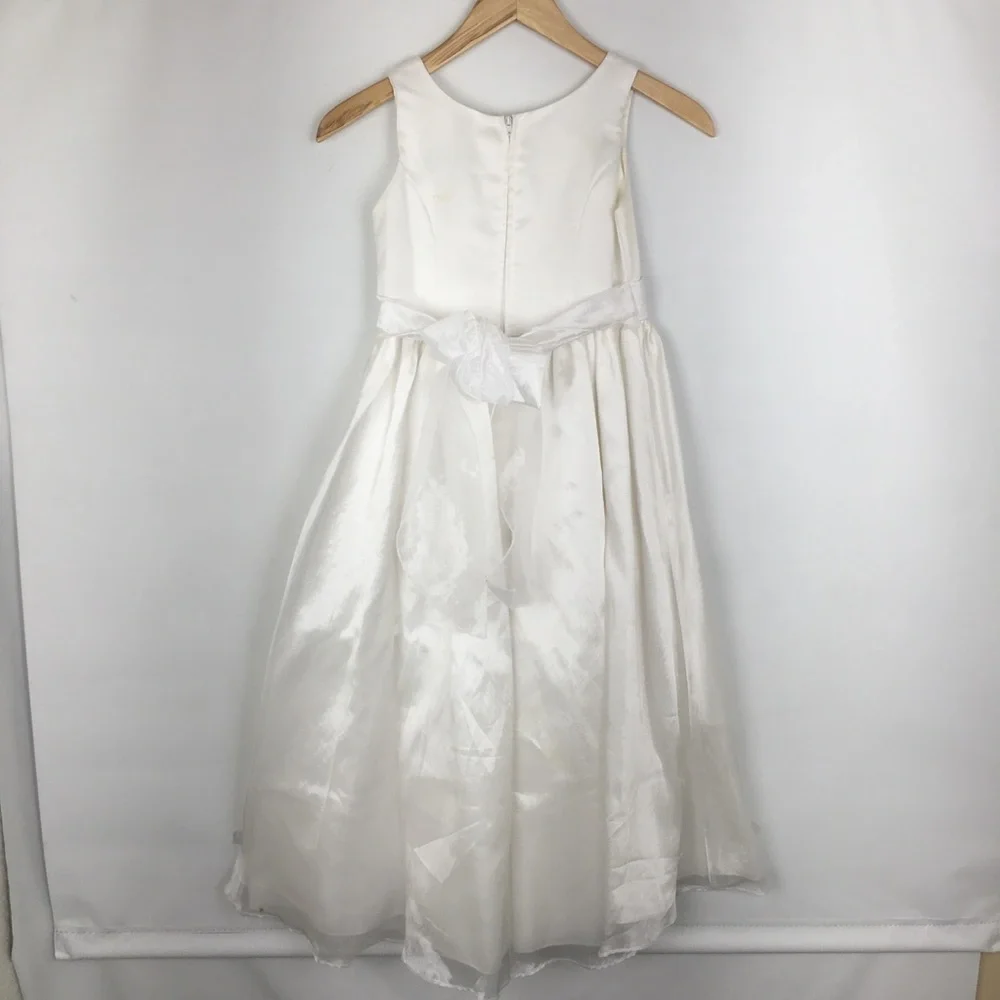 First Communion Dress White Sheer Satin Overlay Tank Pearl Flower Appliqué Sz 10
